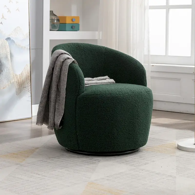 Swivel Accent Armchair Teddy Fabric Upholstered Barrel Chair with Black Point Round Swivel Metal Base