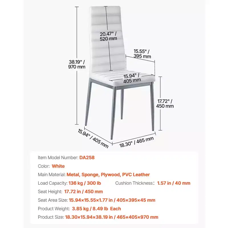 Modern Dining Room Accent Chairs, Upholstered Leather Side Chair, Kitchen Table Chair with Thick Cushions and Metal Legs, White