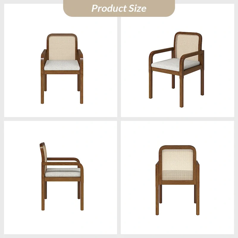 Modern Rattan Back Dining Chair with Removable Cushion - Rubber Wood Frame, Linen Upholstery