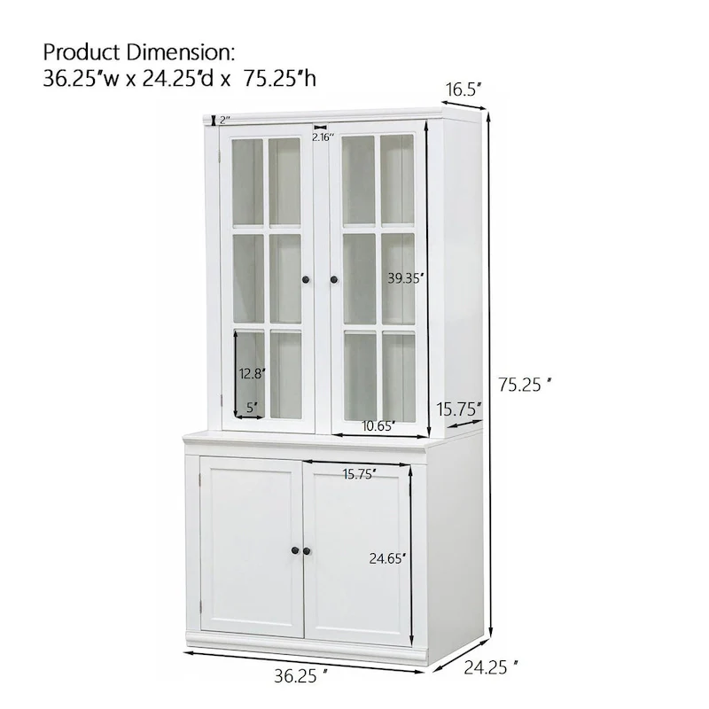 75.25 Tall Display Cabinet with Double Glass Doors, Traditional Style China Cabinet Hutch Cabinet