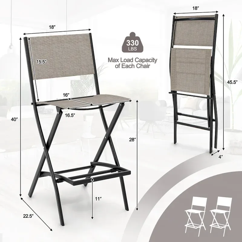 Gymax Folding Bar Stools Set of 2 Patio Sling Chairs w/ Backrest