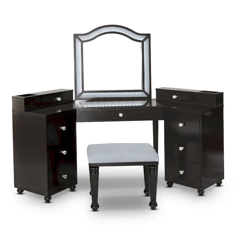 Furniture of America Ulru Transitional Solid Wood 3-Piece Makeup Vanity Set with LED