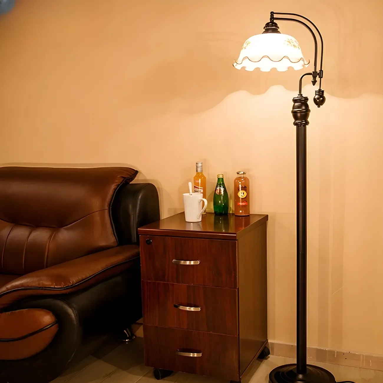 Vintage Rustic Black Metal Standing Floor Lamp with Glass Floral Shade