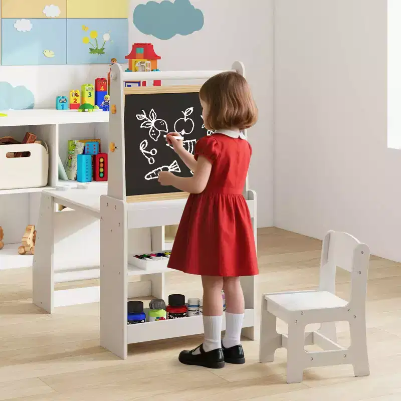 Costway Kids Art Table and Chair Set with Easel & Chair Whiteboard & Chalkboard Paper Roll