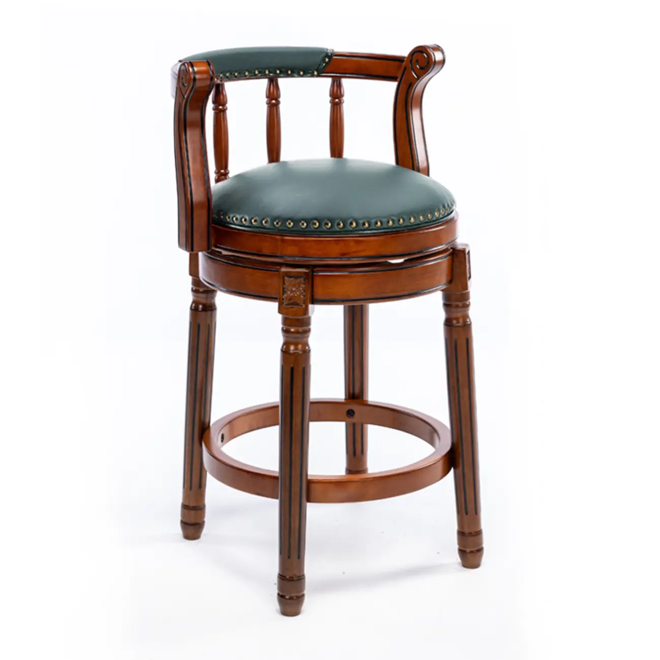 Swivel Counter Height Bar Stools in Genuine Leather & Walnut Solid Wood