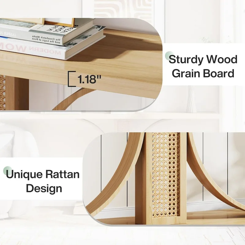 55 Inches Rattan Console Table, Farmhouse Hallway Table Entryway Table
