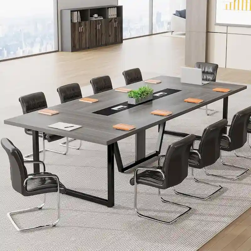 Large Rectangular Conference Table with Cable Management – Brown / Grey, Seats 8–10