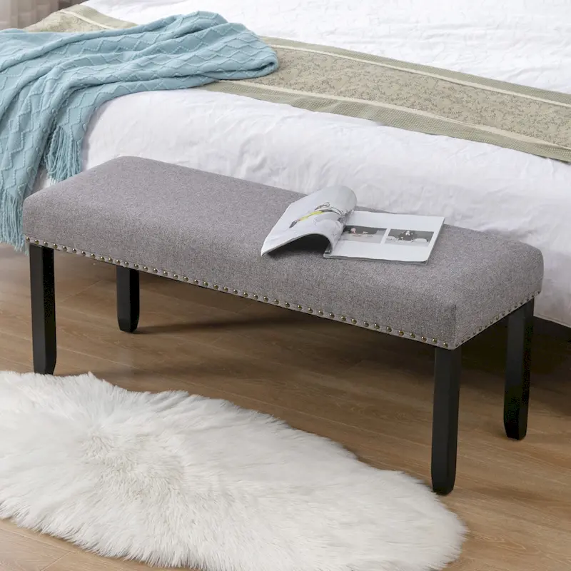 Modern 44 L Nailhead Trim Upholstered Bench with Wood Legs