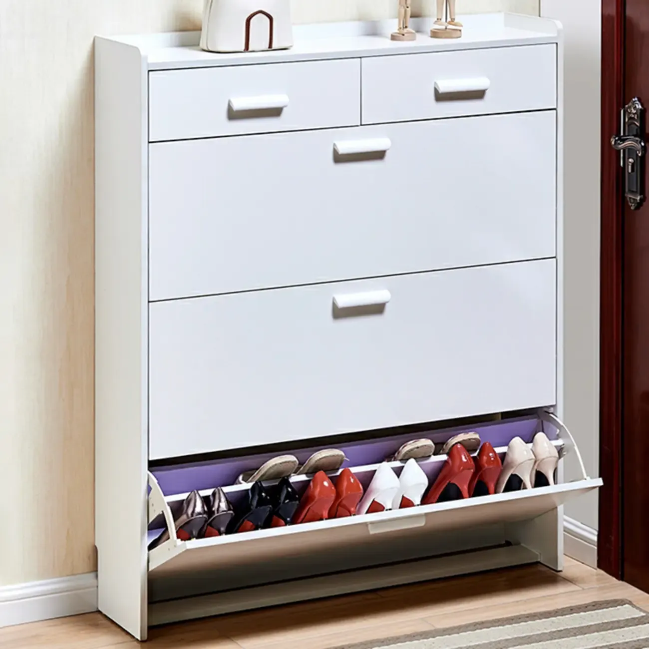 Narrow Wall-Mounted White Shoe Cabinet with Drawers