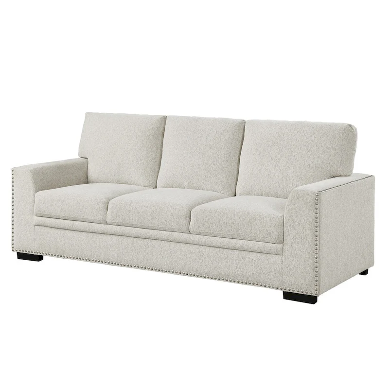 Meil 84 Inch Sofa, Beige Chenille, Nailhead Trim, Foam Cushions, Solid Wood