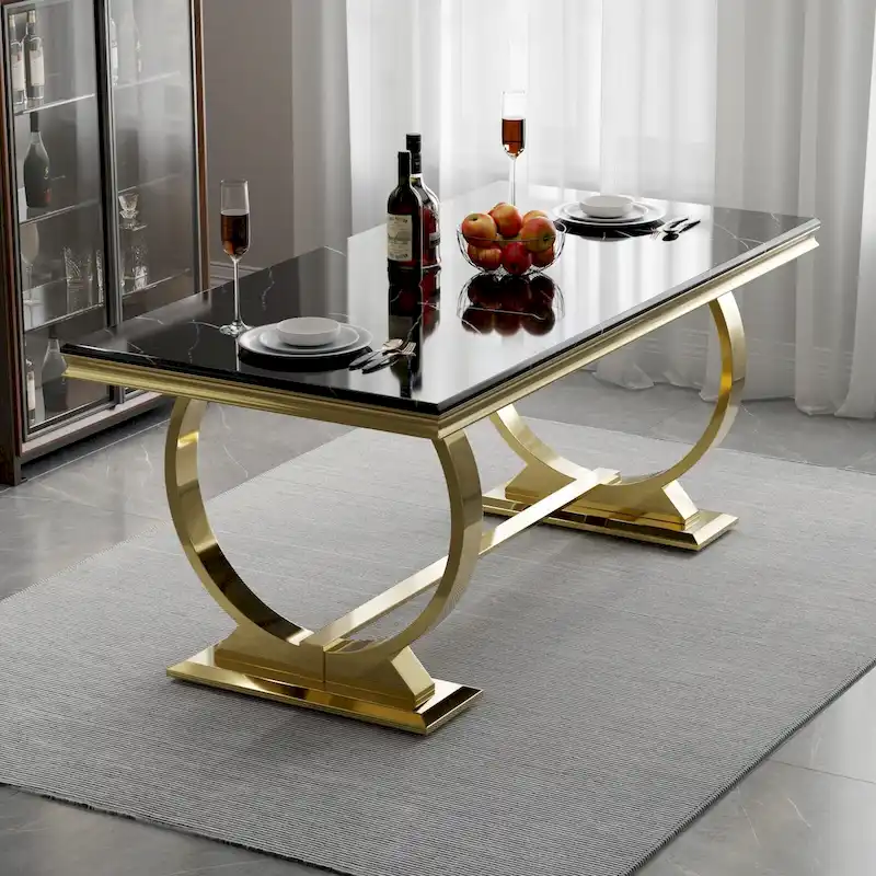 Luxury Dining Table with Polished Metal Circle Base - 72 Inch