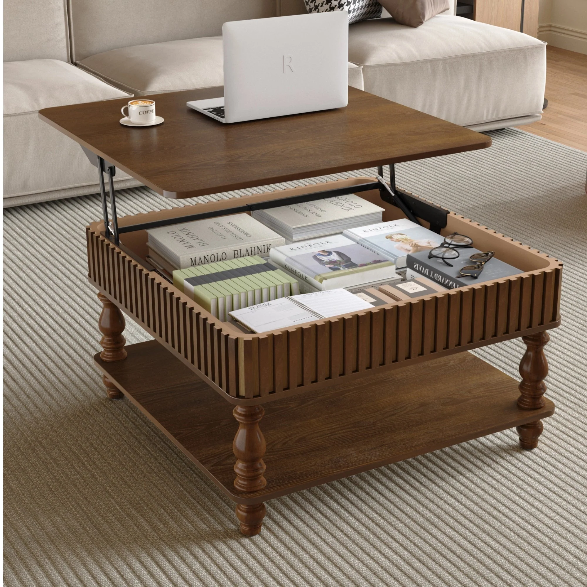 Walker Edison | Lift-Top Elevated Traditional Fluted Coffee Table