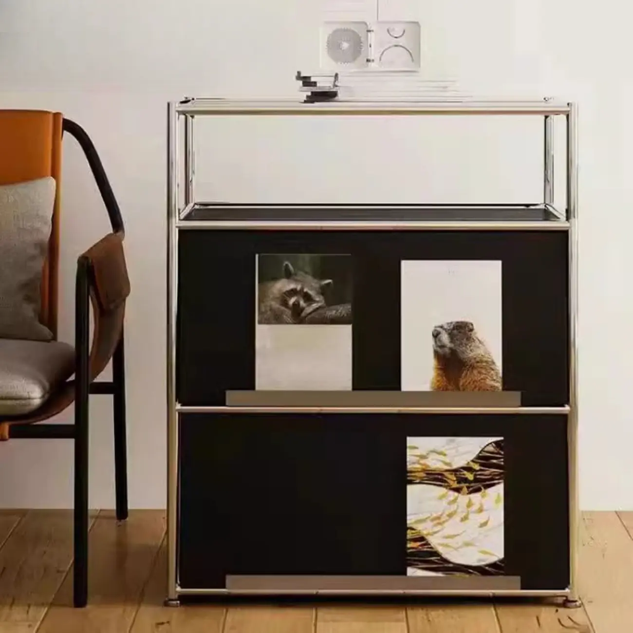 Modern Steel Nightstand with Drawer and Open Shelf