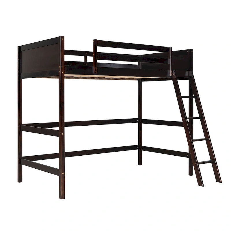 Espresso Twin Solid Wood Loft Bed with Ladder & Fence
