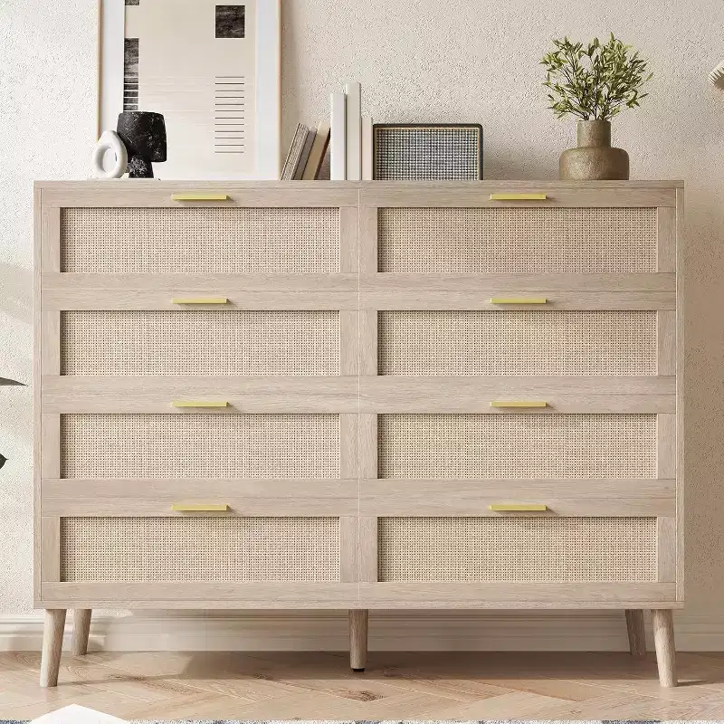 8-Drawer Rattan Dresser - Farmhouse Storage Chest with Golden Handles for Bedroom & Living Room