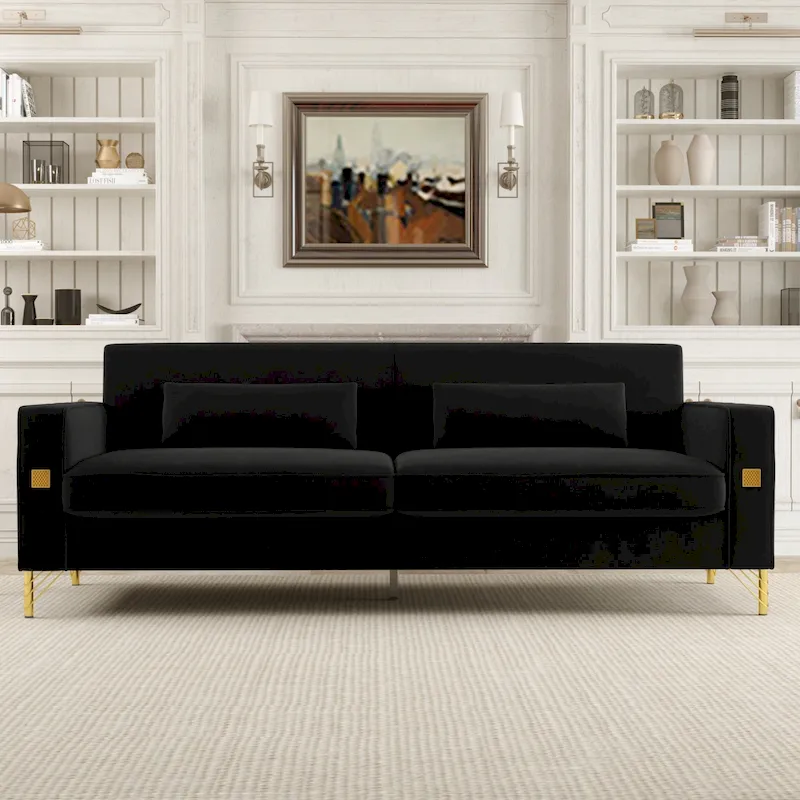 Black 85.63 Velvet 3-Seater Sofa with Gold Accents