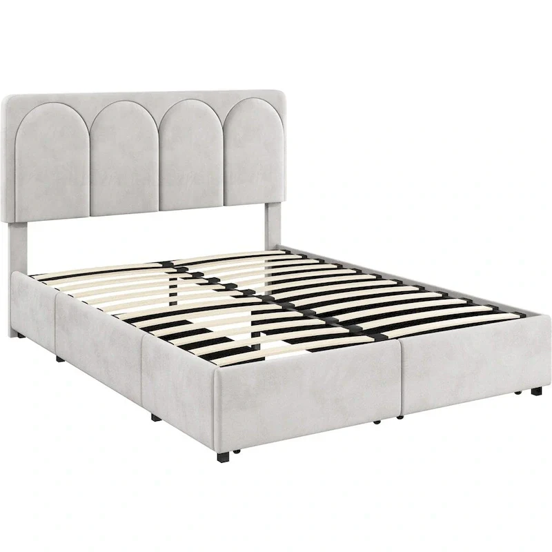 Yaheetech Upholstered Bed Fram with Arch Channel Tufted Headboard and 4 Drawers Storage