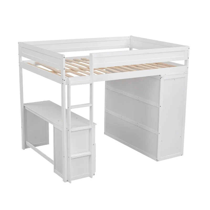 White Pine Wood Loft Bed with Wardrobes, 2-Drawer Desk, and Cabinet, Full-Length Guardrail