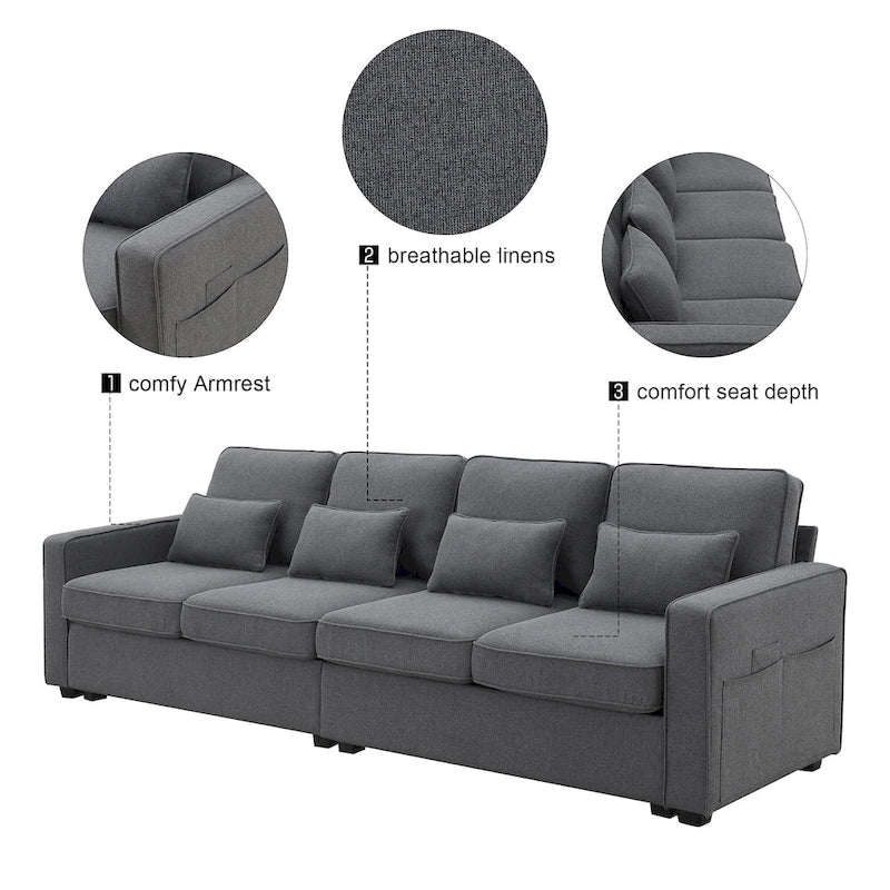 104 4-Seater Modern Linen Fabric Sofa with Armrest Pockets and 4 Pillows