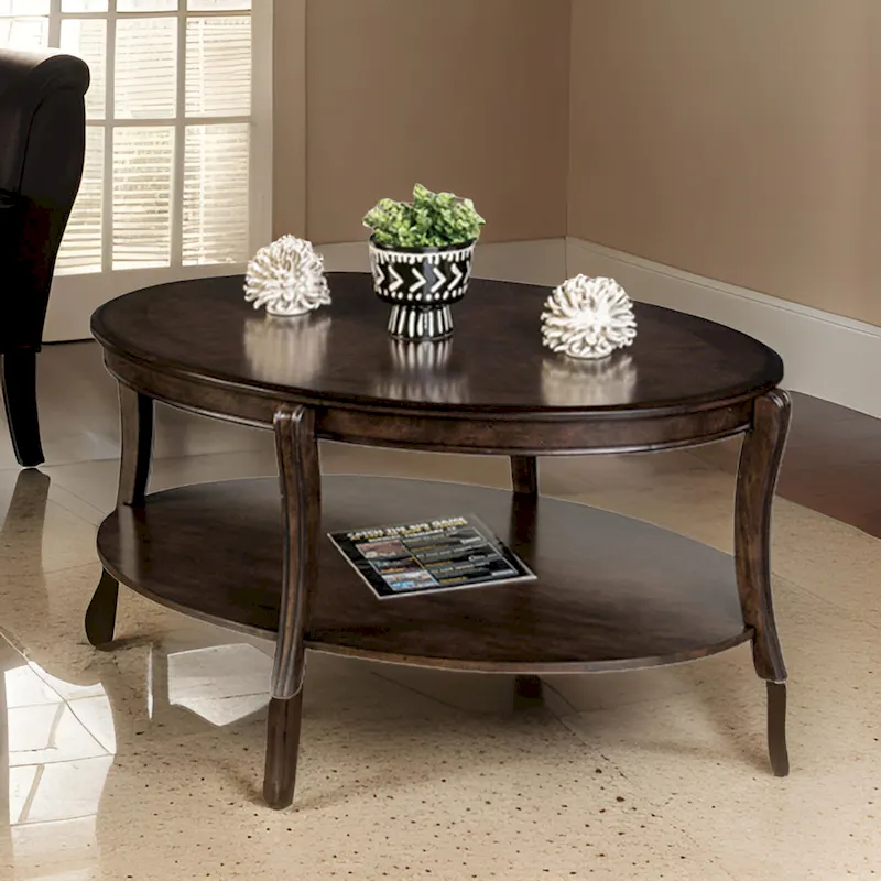 Orio Coffee Table with Open Shelves, 49 Inch Oval Top, Brown Wood