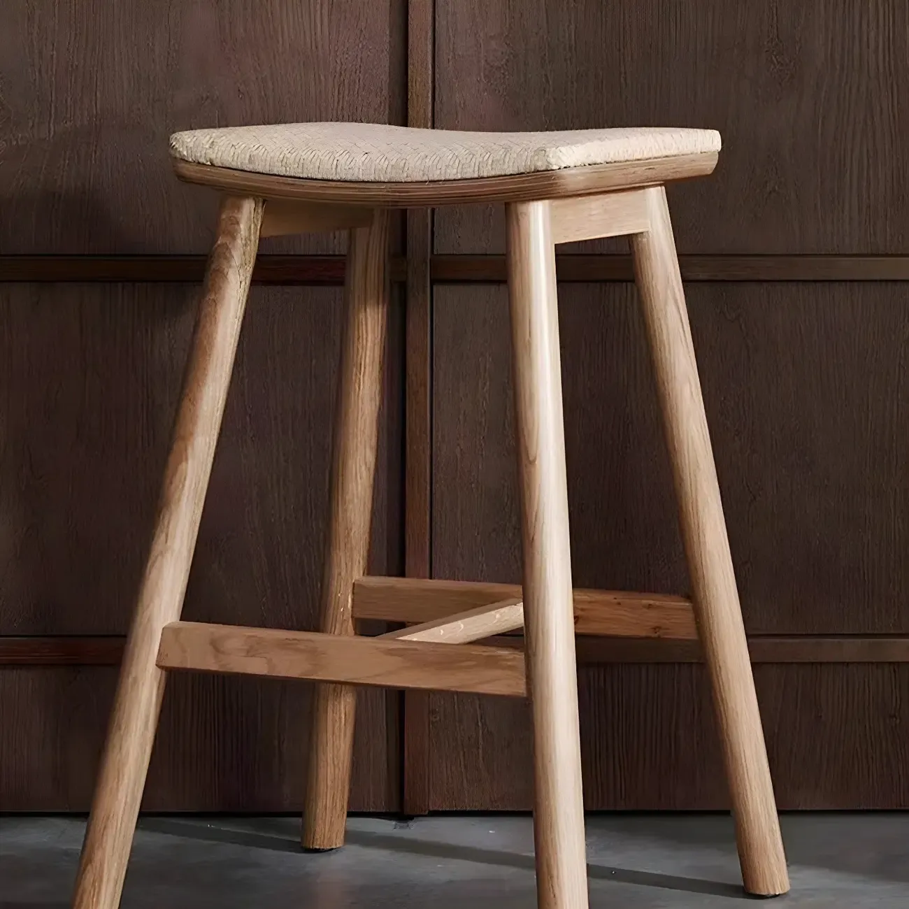 Brown Oak Wood  Ratten Seat Backless Counter Bar Stools