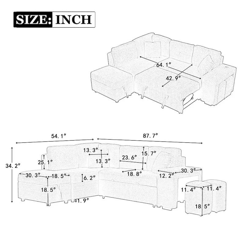 87.7 Convertible Sectional Pull Out Sofa Bed
