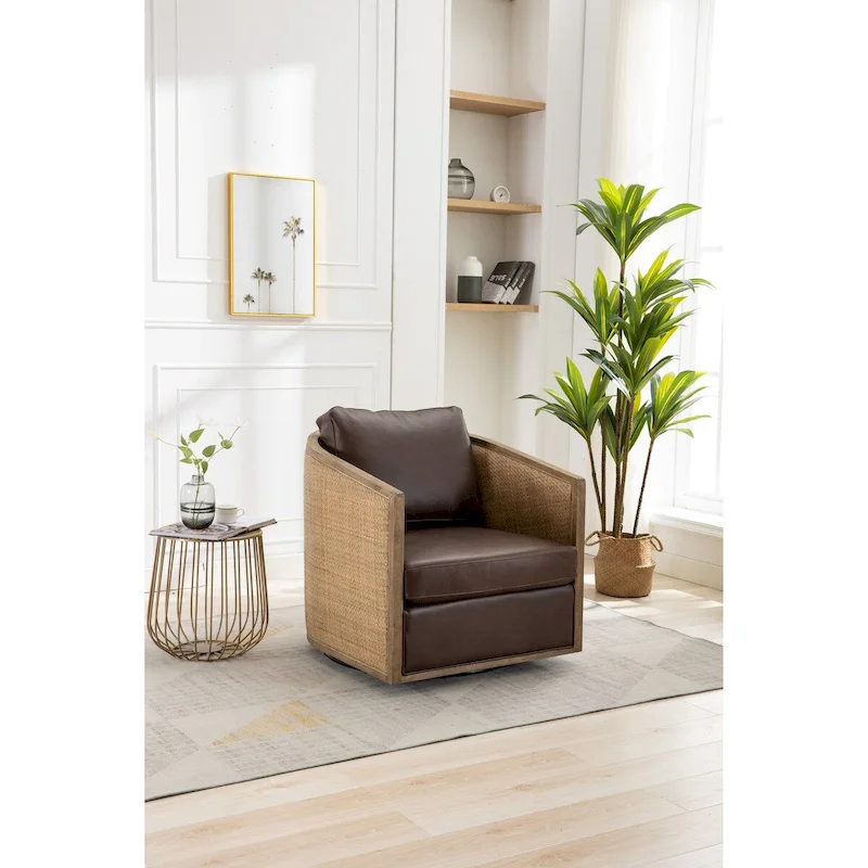 Swivel Barrel Chair, Comfy Round Accent Chair, 360 Degree Swivel Barrel Club Chair, Leisure Arm Chair with Rattan Woven Frame