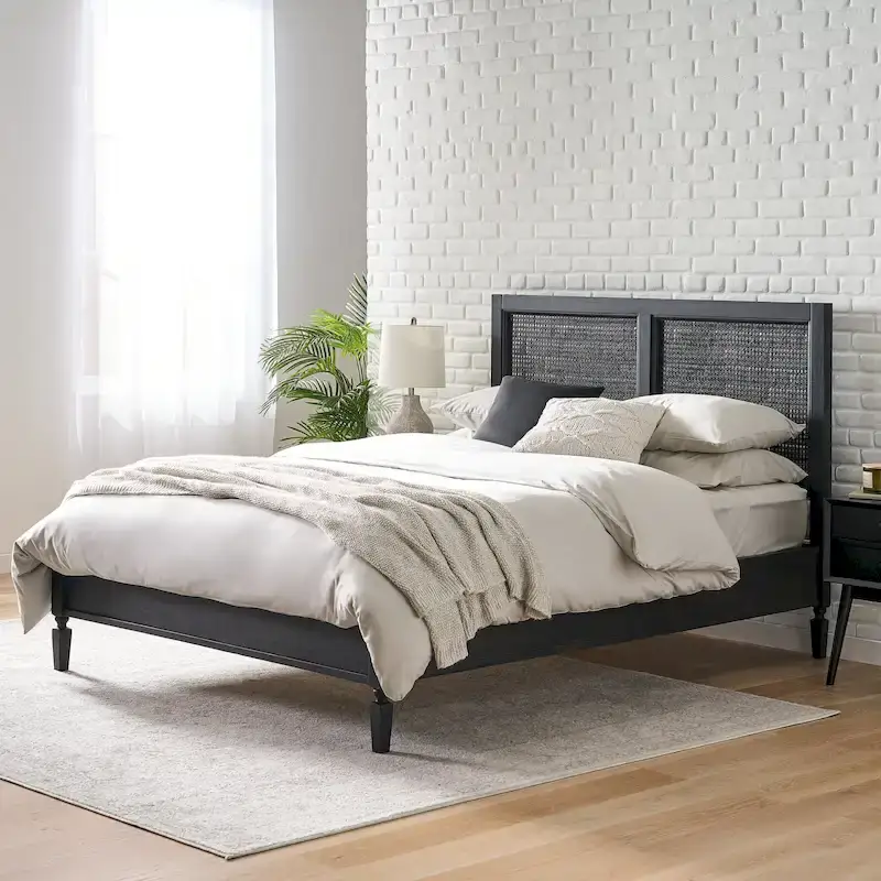 Acacia Wood and Rattan Queen Bed, Bohemian Natural Material Platform Bed Frame