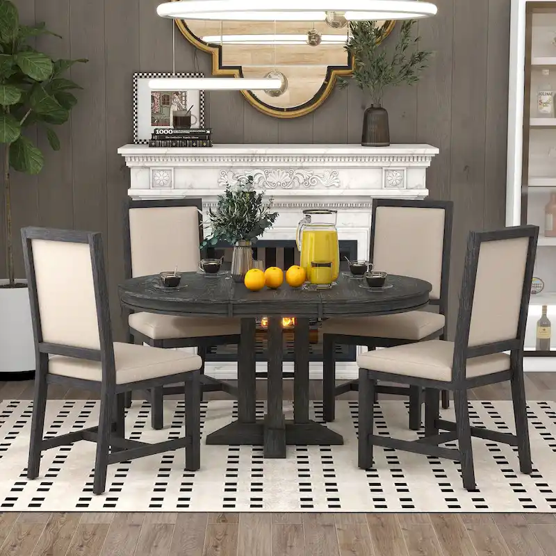 5-Piece Wooden Dining Table Set with Extendable Round Table & 4 Chairs