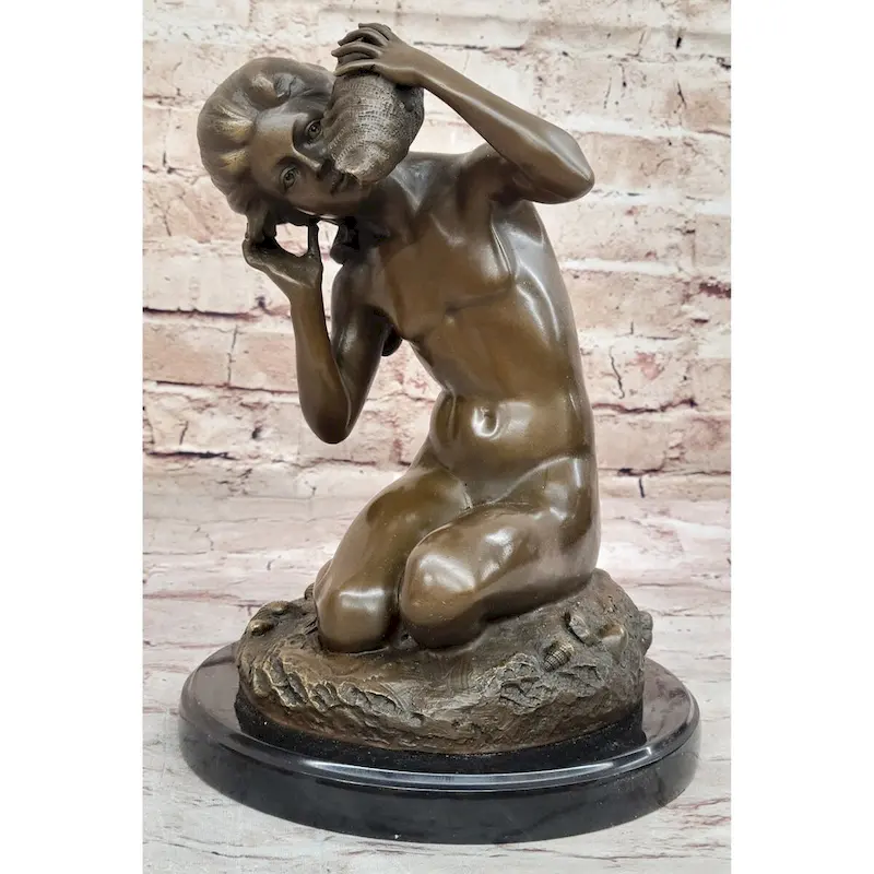 Young Girl Holding A Conch Shell - Bronze Sculpture Figure On Marble Base By Carpeaux