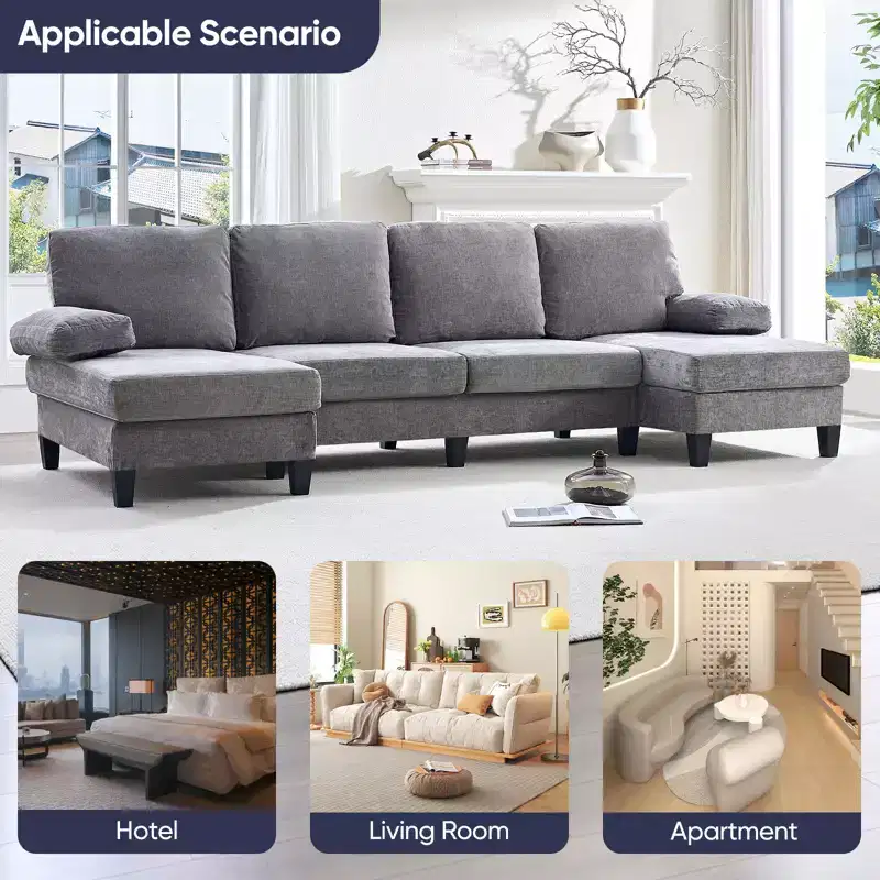 Mjkone 110U-Shaped Sectional Couches,Chenille Upholstered Large 4-Seater Sofa with Double Chaises and Sleepable Armrests