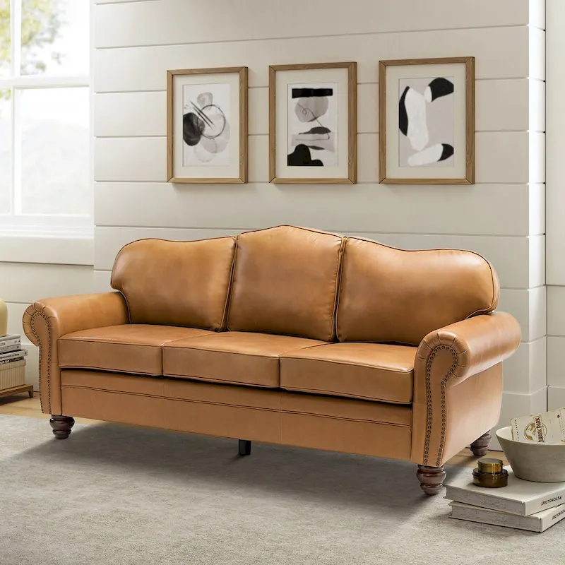 Balvino 81 Wide Transitional Genuine Leather Rolled Arm Sofa with Nailhead Trim and Removable Cushions