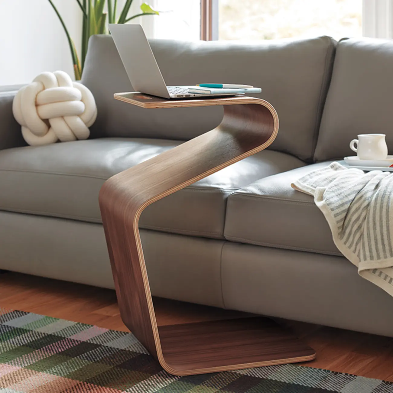 Convertible Wooden Nut-Brown C-Shaped Sofa Side Table