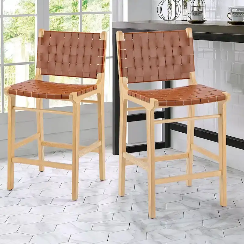 Fully Assembled Woven Leather Counter Height Bar Stools - 18.9W x 18.9D x 38.2H