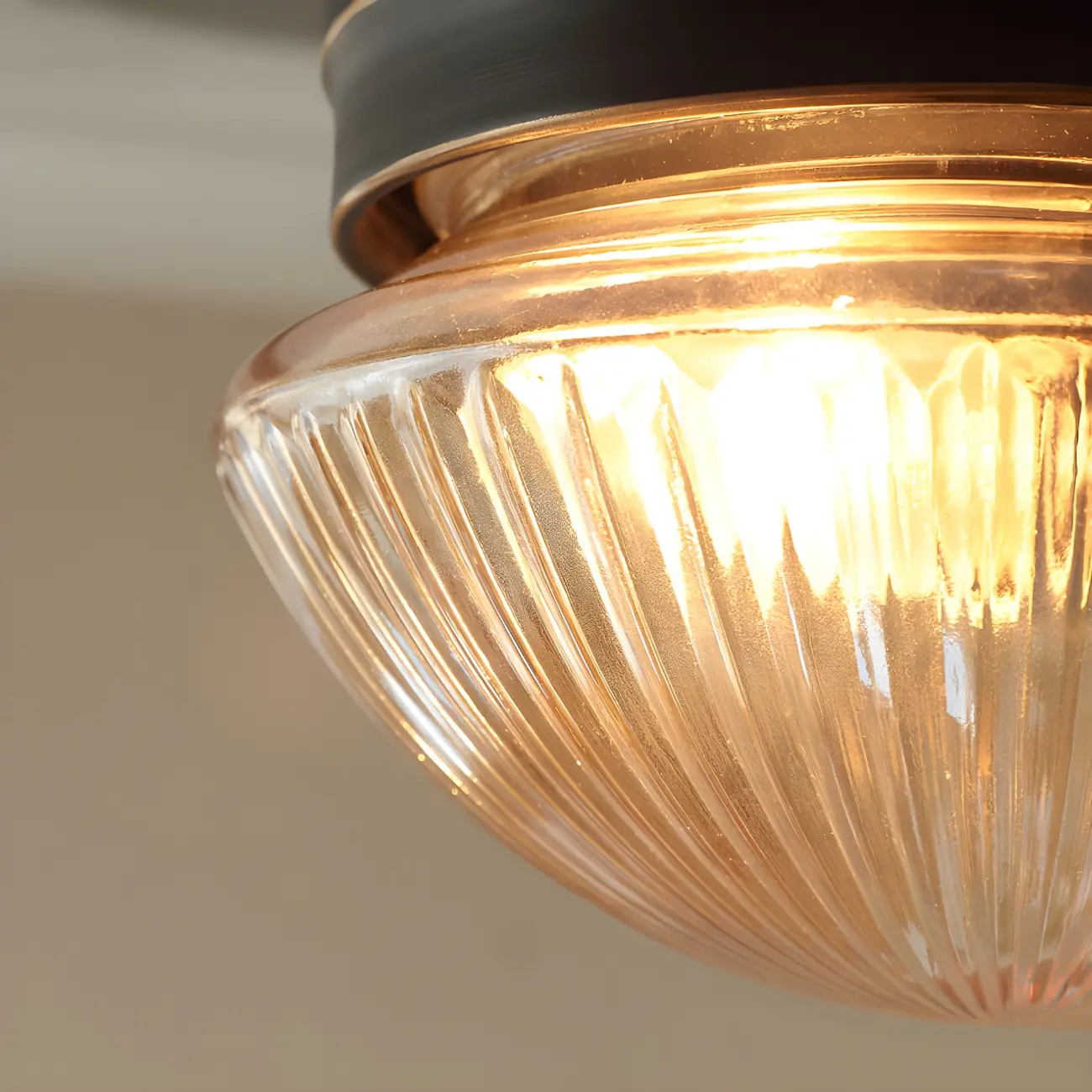 Classic Bronze Amber Ribbed Glass LED Flush Mount Ceiling Light