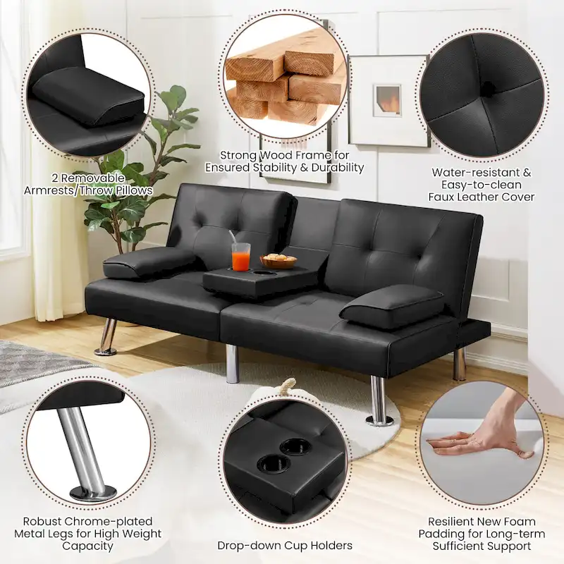 Yaheetech Faux Leather Convertible Futon Sofa Bed 3-In-1 Adjustable Futon Couch