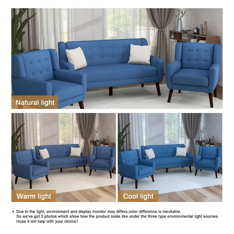 Modern Curved 63 Button Tufted Upholstered Loveseat with 2 Accent Chairs