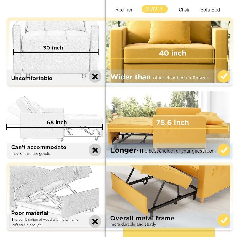 AECOJOY Adjustable Sleeper Chair Bed 3-in-1 Convertible Futon Sofa