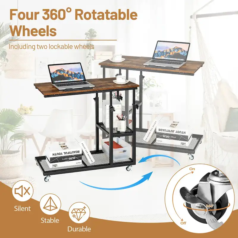 C Shaped End Table Height Adjustable Mobile Couch Desk with Wheels