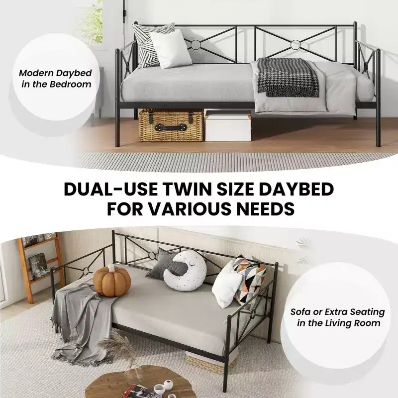 Costway Twin Metal Daybed Frame with Slats Classic Mattress Foundation Bed Sofa White\Black