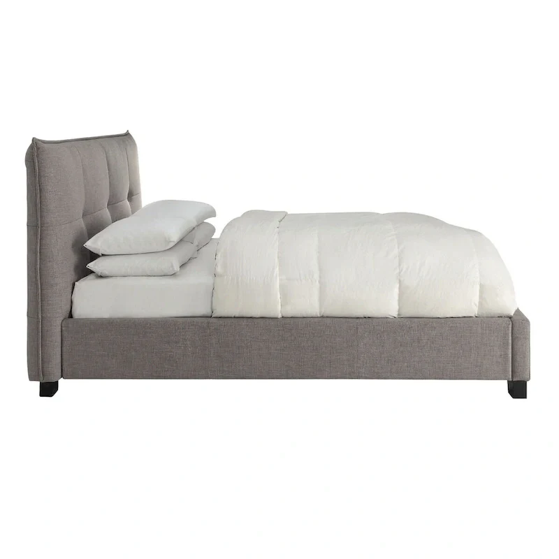 Amy Low Profile King Bed, Tufted Linen, Wide Storage, Gray