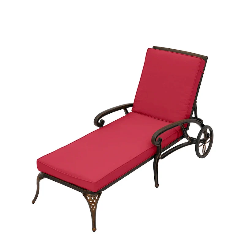 Clihome Cast Alum Folding Reclining Patio Chaise Lounge with Red Cushion