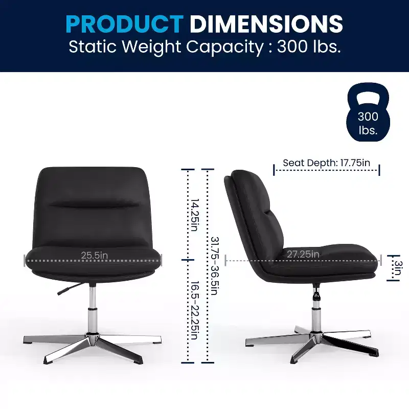 Merrick Lane Mid-Back Height-Adjustable Stationary Armless Swivel Office Chair - Padded Upholstered Wide Back and Seat, Strong Frame