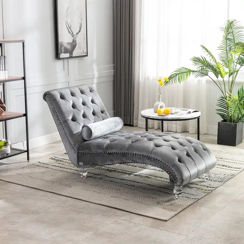 Button-Tufted Upholstered Velvet Recliner Chaise with Pillow and Acrylic Feet