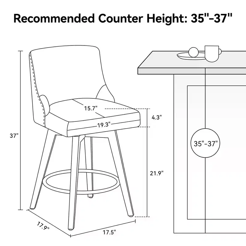 Dyonery 26 Height Counter Height Bar Stools Set of 2, Upholstered Swivel Fabric Kitchen Counter Stools with Back, Solid Wood Legs, Grey