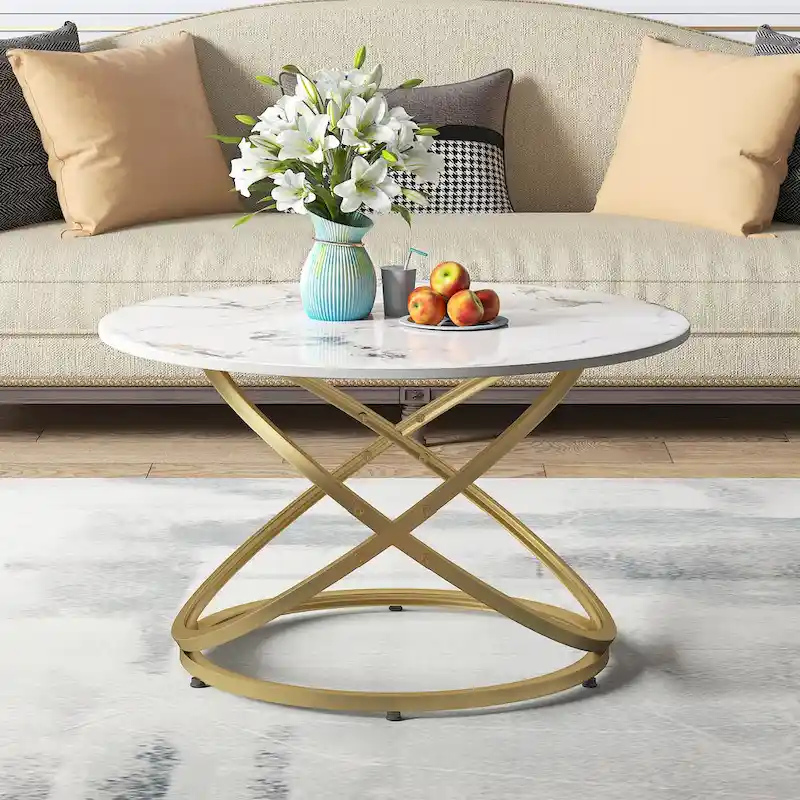Myhozm Accent Round Glass/Stone Top Coffee Table with Metal Base