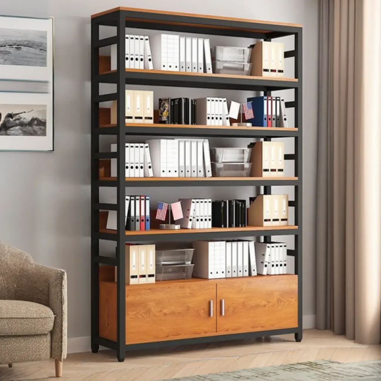 Brown Multi-Shelf Wooden Vertical Bookcase with Cabinet