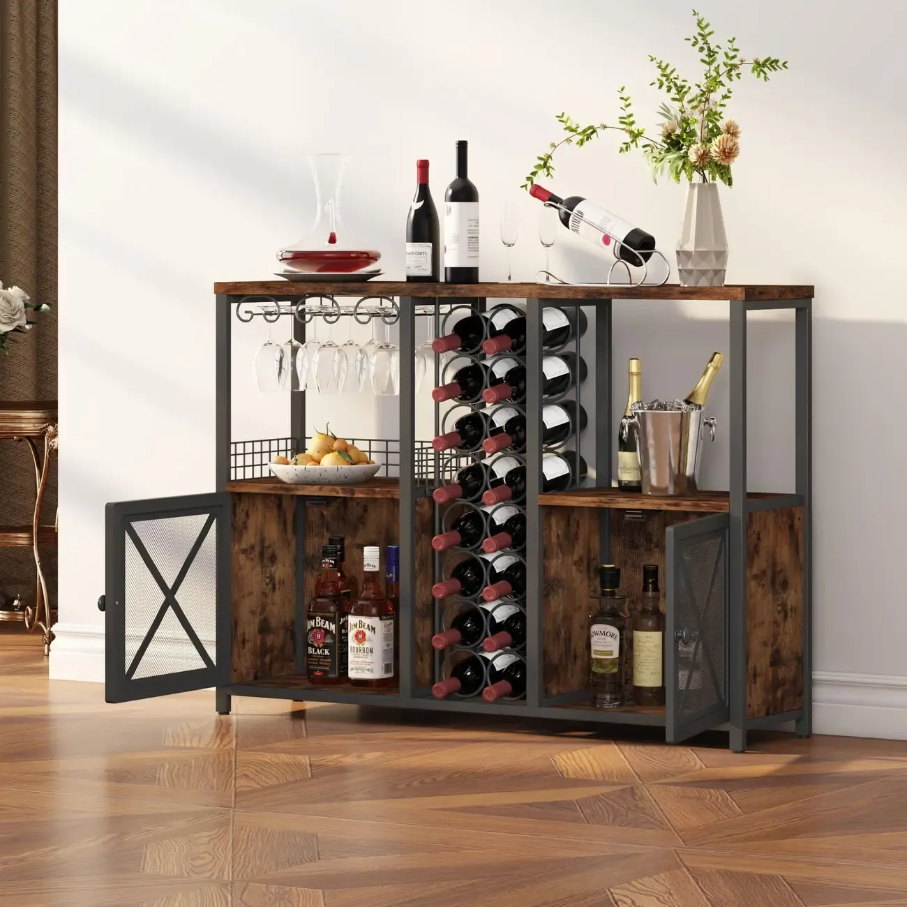 Floor-Standing Multiple Levels Wooden Wine Bottle & Glass Rack
