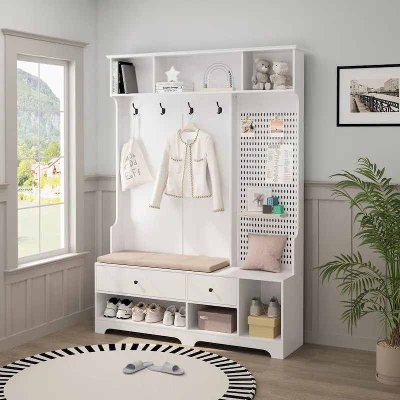 Hall Tree with Shoe Bench, Coat Rack, Shelves and Pegboard