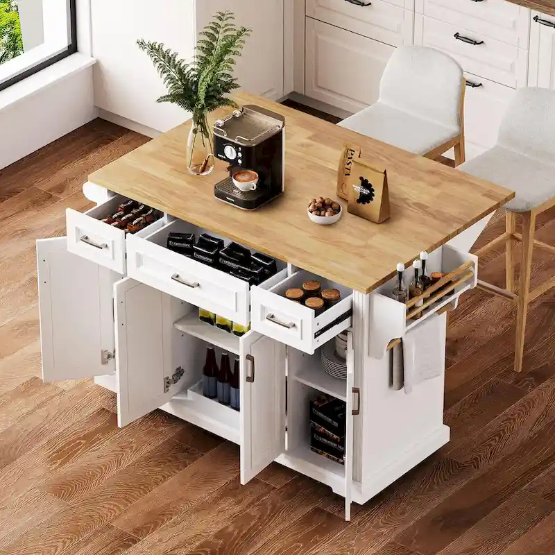 Rolling Kitchen Island with Drop Leaf, Kitchen Island Cart on Wheels, Moveable Island Table with 4 Doors Cabinet & 3 Drawers